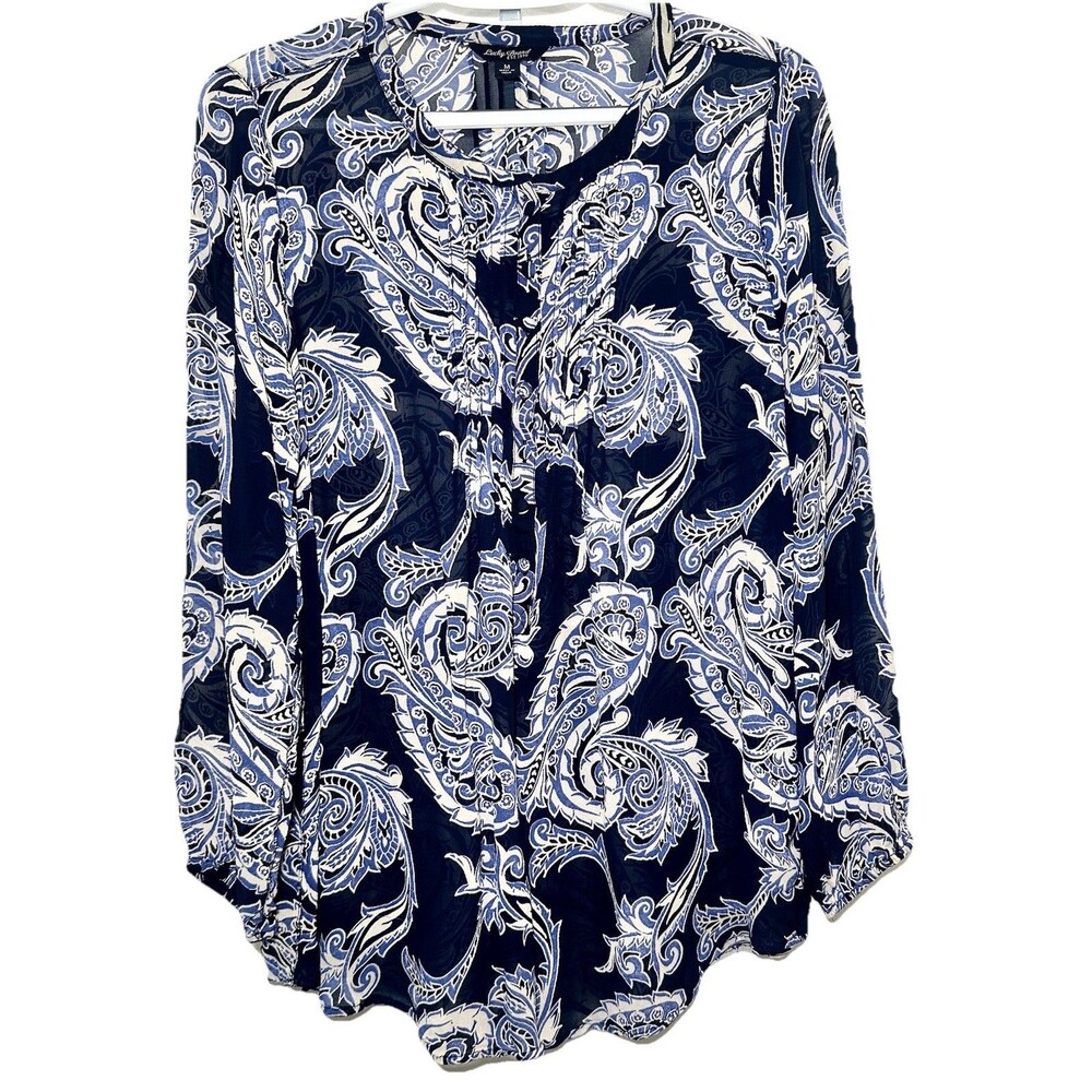 Lucky Brand Boho Paisley Sheer Rayon Blouse Medium Blue Peasant Pintuck